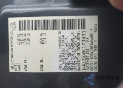 2009 Nissan Altima Hybrid z USA, uszkodzony, nr VIN 1N4CL21E49C179431